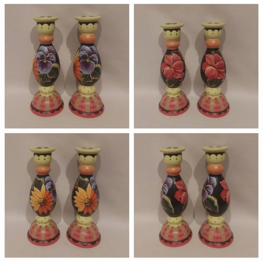 Tracy HS Porter Vintage Signed Wooden Candlesticks Hand Painted Floral Folk Art